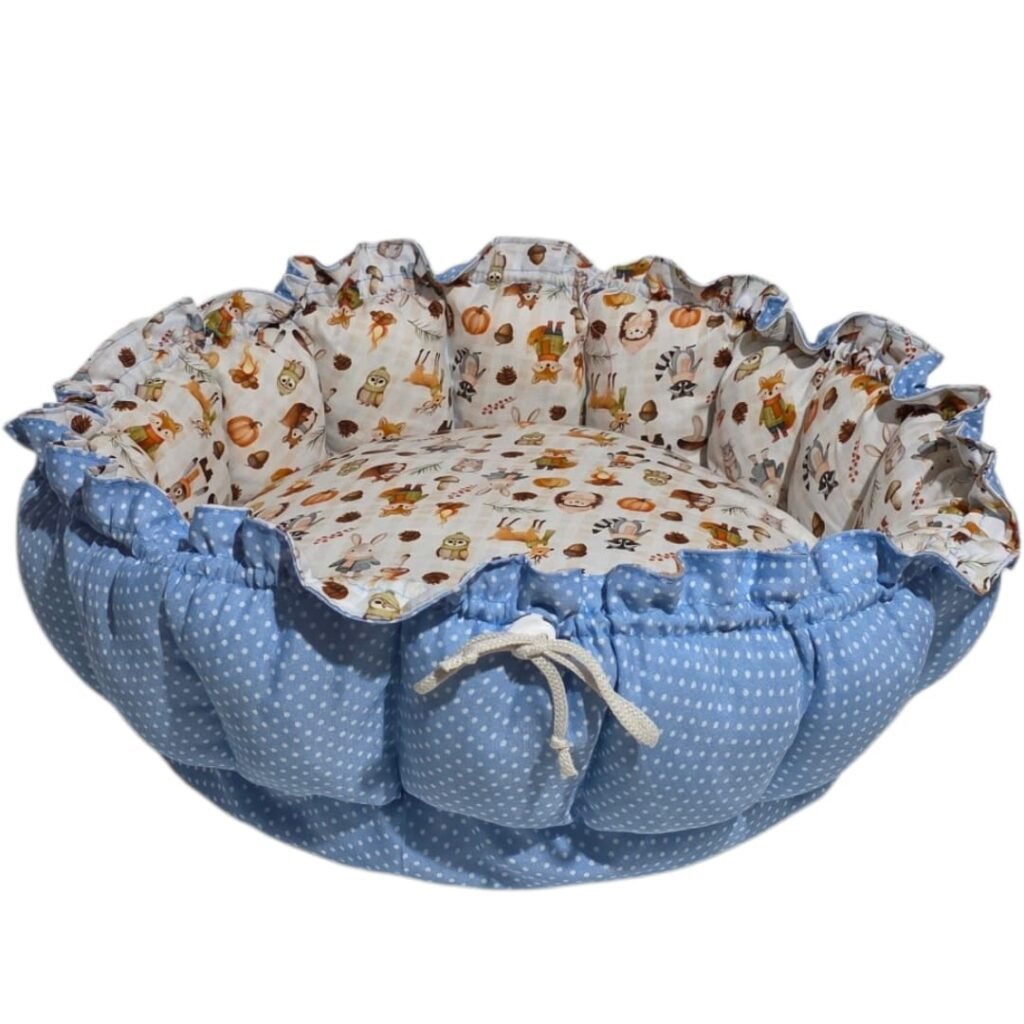 Cama Redonda Gomos PP - Floresta - Azul Poá - com zíper