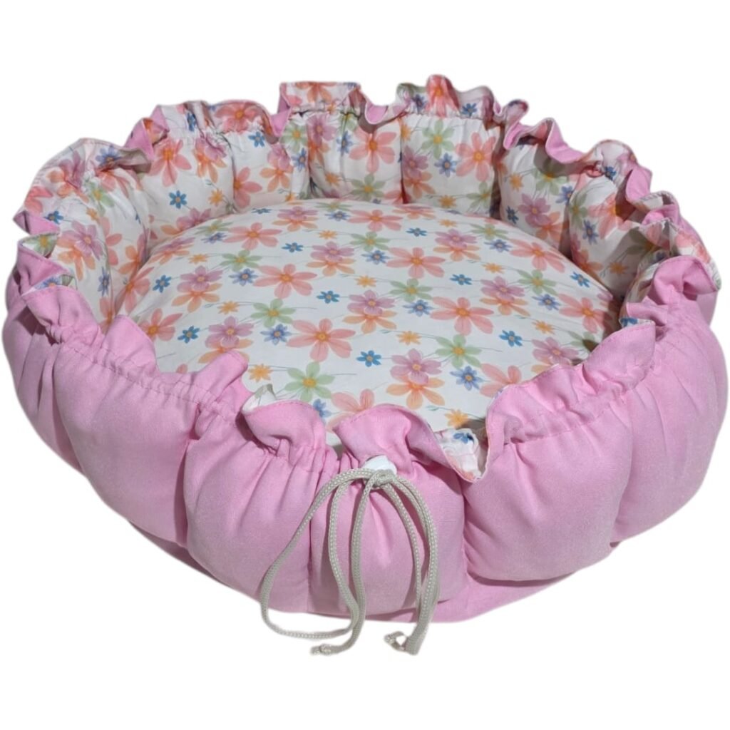 Cama Redonda Gomos P - Flores Delicadas - Rosa - com zíper