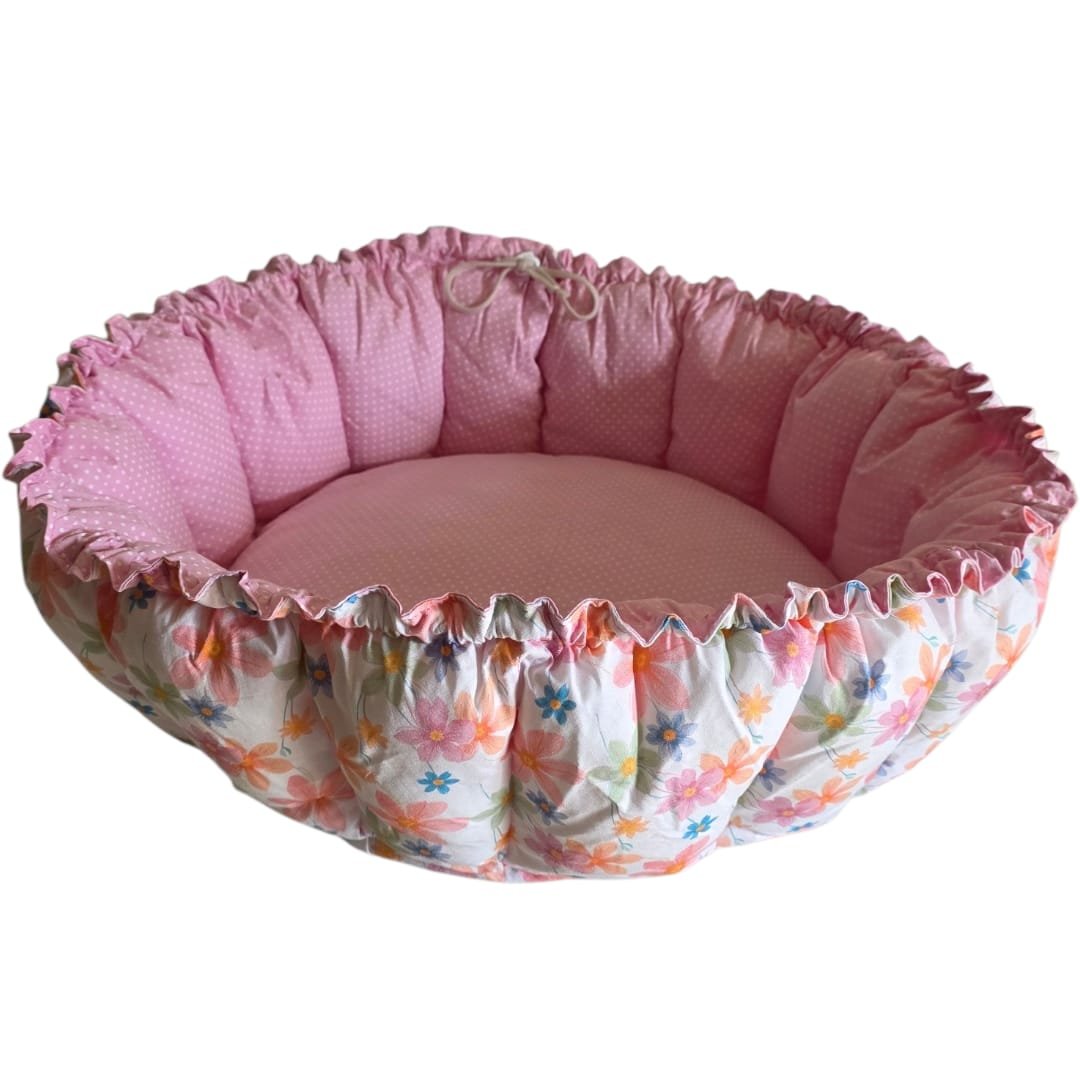Cama Redonda Gomos P - Flores Delicadas - Rosa Poá - Dupla Face - Imagem 5