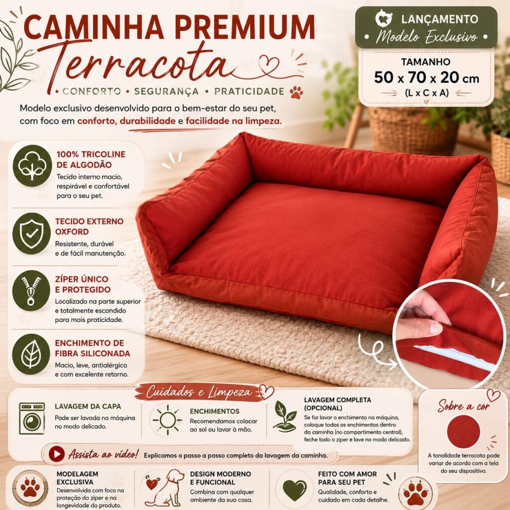 Cama Retangular G 70x50x20 - Modelo Rebaixado - Lisa - Terra Cota - com Zíper