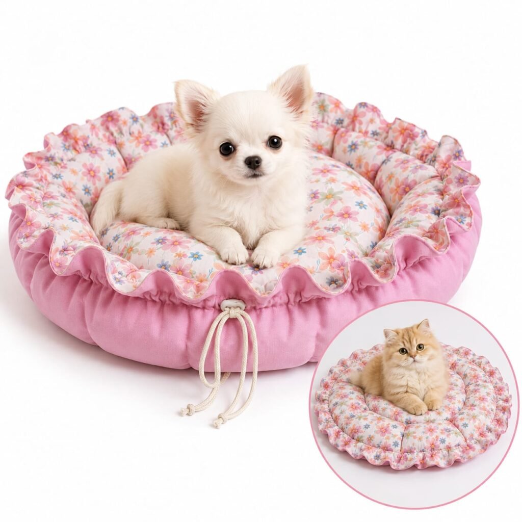 Cama Redonda Gomos PP - Flores Delicadas - Rosa - com zíper