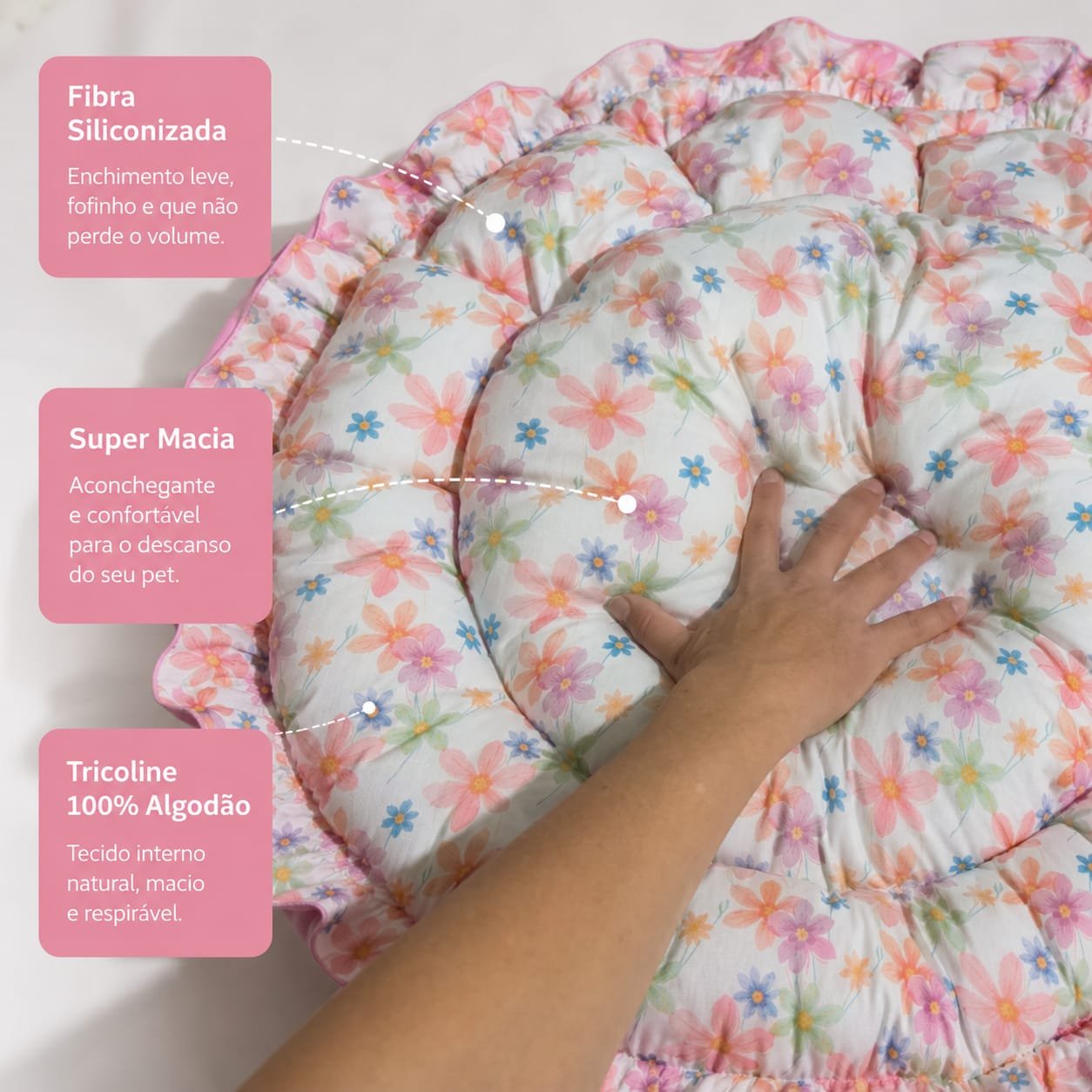 Cama Redonda Gomos PP - Flores Delicadas - Rosa - com zíper - Imagem 9