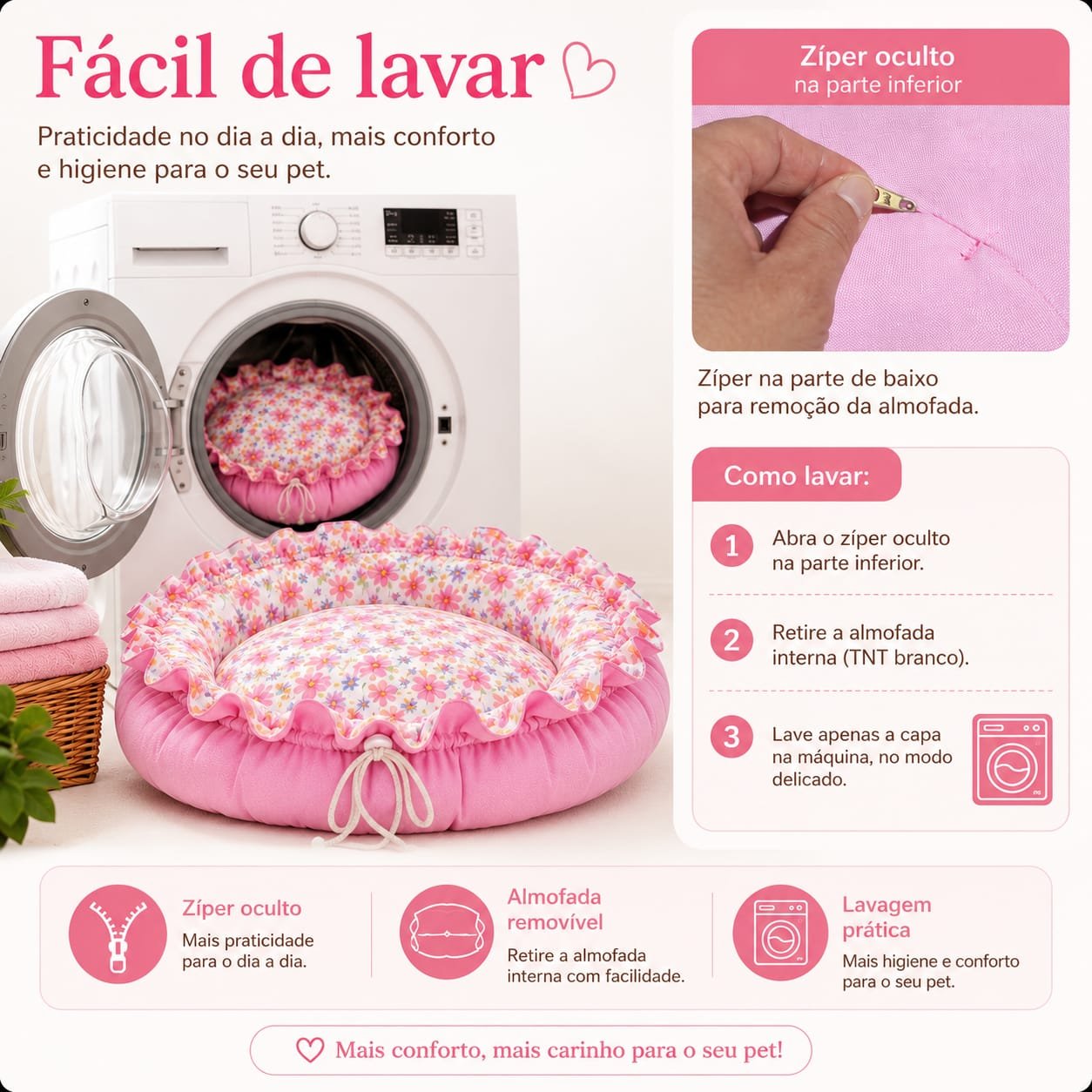 Cama Redonda Gomos PP - Flores Delicadas - Rosa - com zíper - Imagem 7