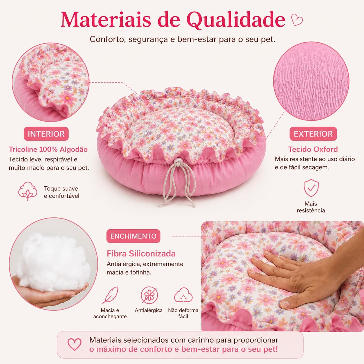 Cama Redonda Gomos PP - Flores Delicadas - Rosa - com zíper - Imagem 6