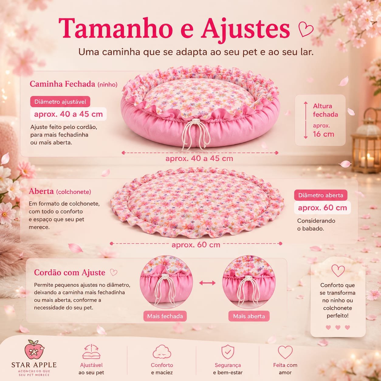Cama Redonda Gomos PP - Flores Delicadas - Rosa - com zíper - Imagem 8