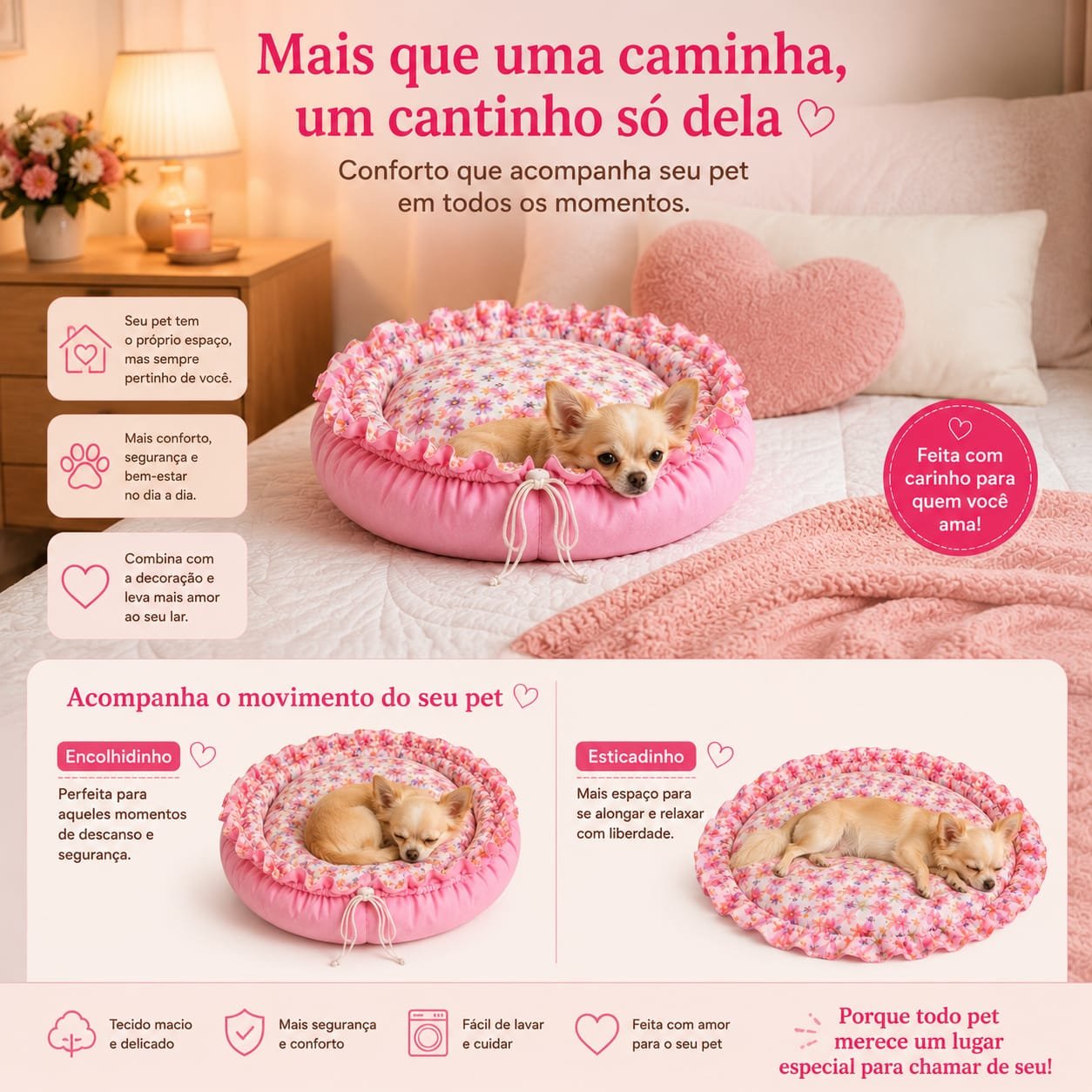 Cama Redonda Gomos PP - Flores Delicadas - Rosa - com zíper - Imagem 5