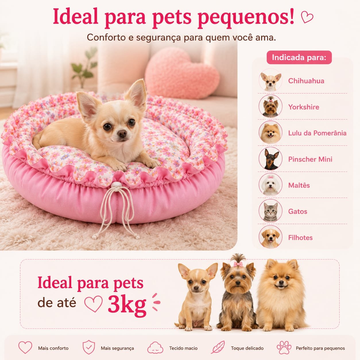 Cama Redonda Gomos PP - Flores Delicadas - Rosa - com zíper - Imagem 4