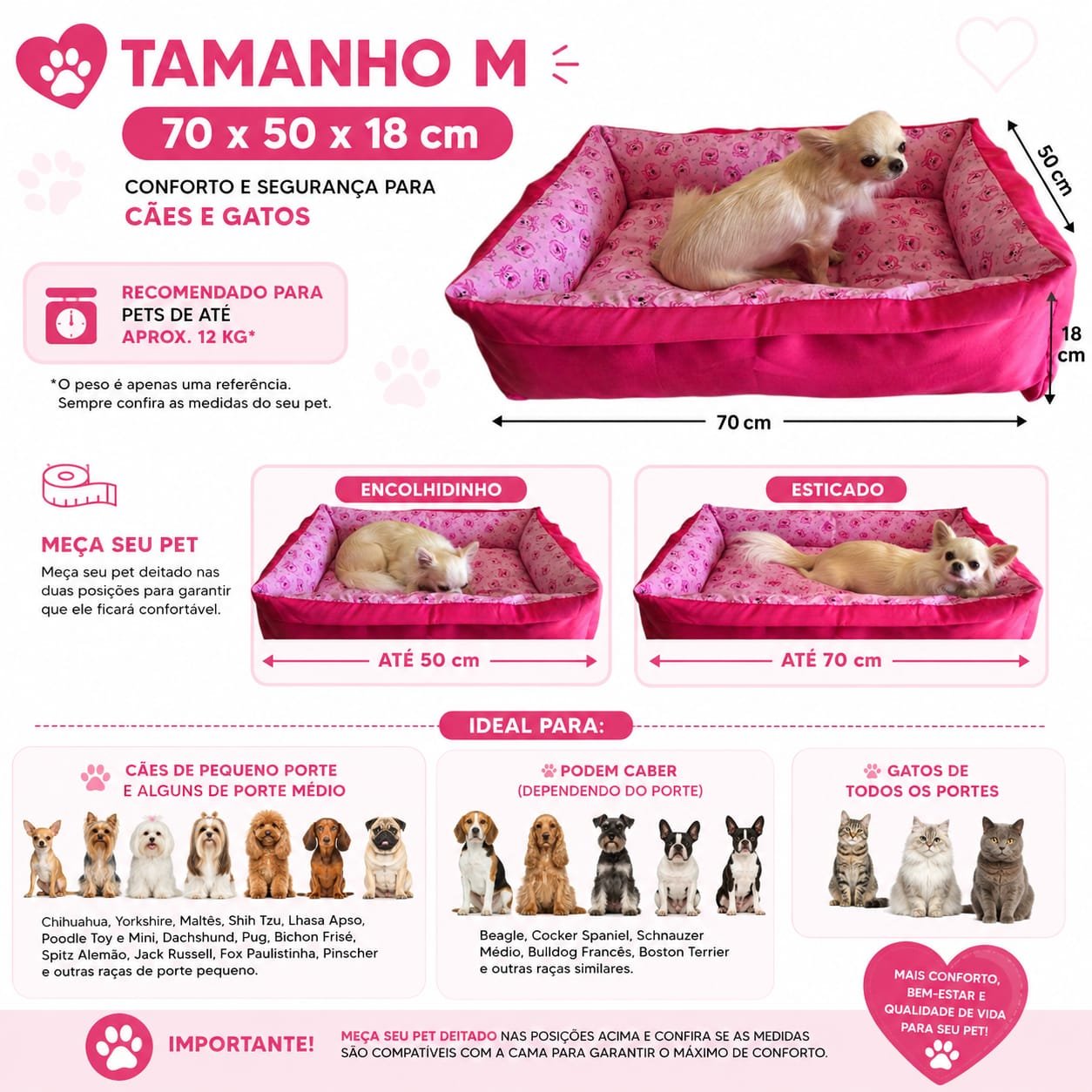 Cama Retangular M 70x50x18 - Pink - Face Dog - com Zíper - Imagem 3