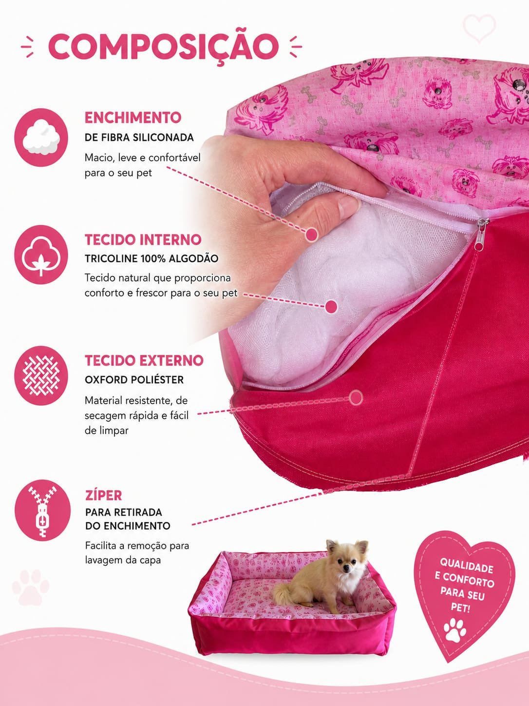 Cama Retangular M 70x50x18 - Pink - Face Dog - com Zíper - Imagem 4