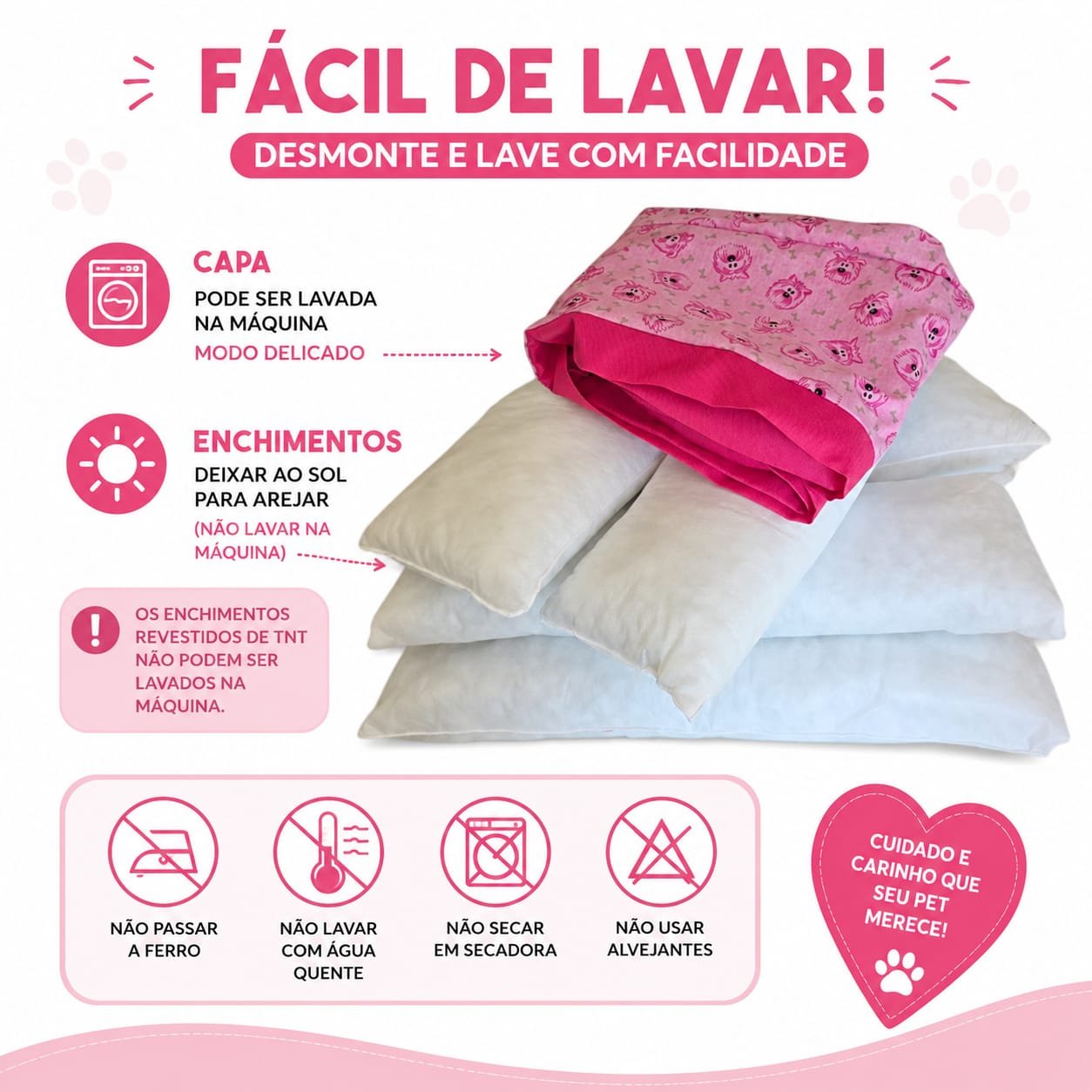 Cama Retangular M 70x50x18 - Pink - Face Dog - com Zíper - Imagem 6