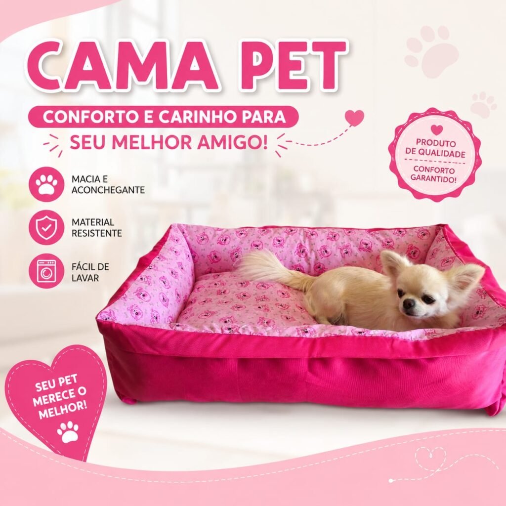 Cama Retangular M 70x50x18 - Pink - Face Dog - com Zíper