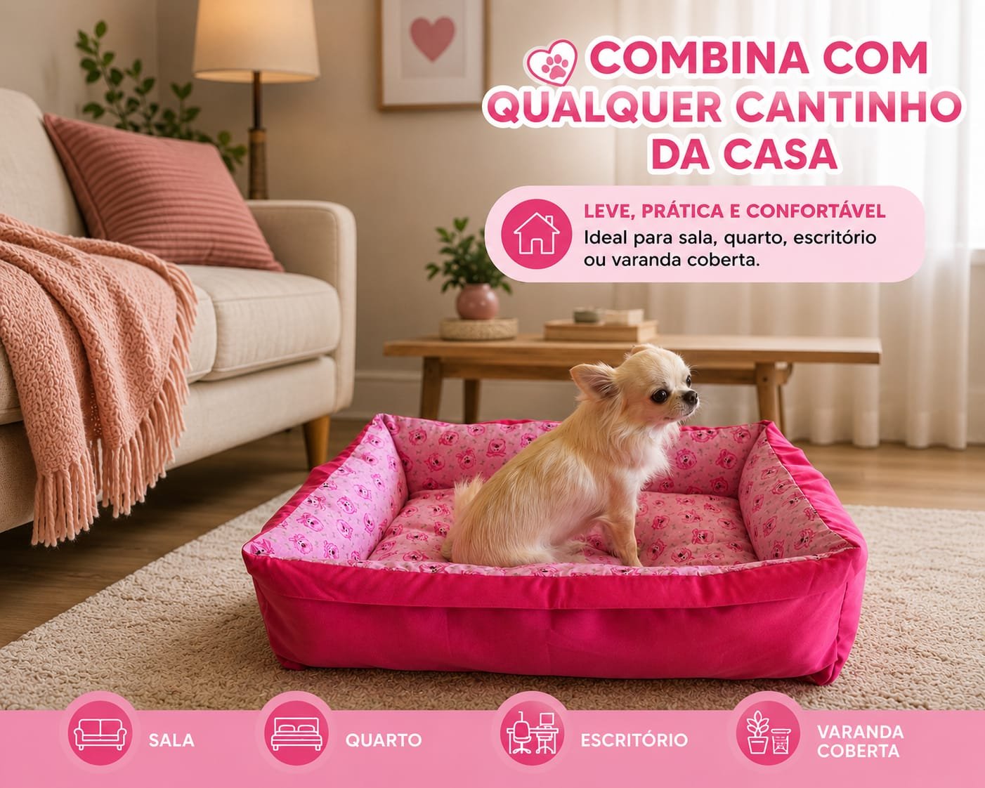 Cama Retangular M 70x50x18 - Pink - Face Dog - com Zíper - Imagem 9